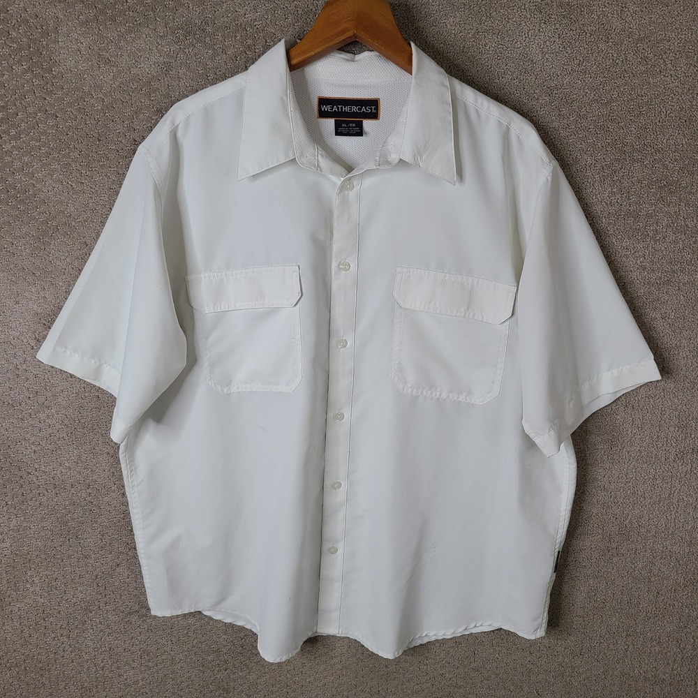 Weathercast Shirt Mens XL White Button Down Short Sleeve Polyester Casual